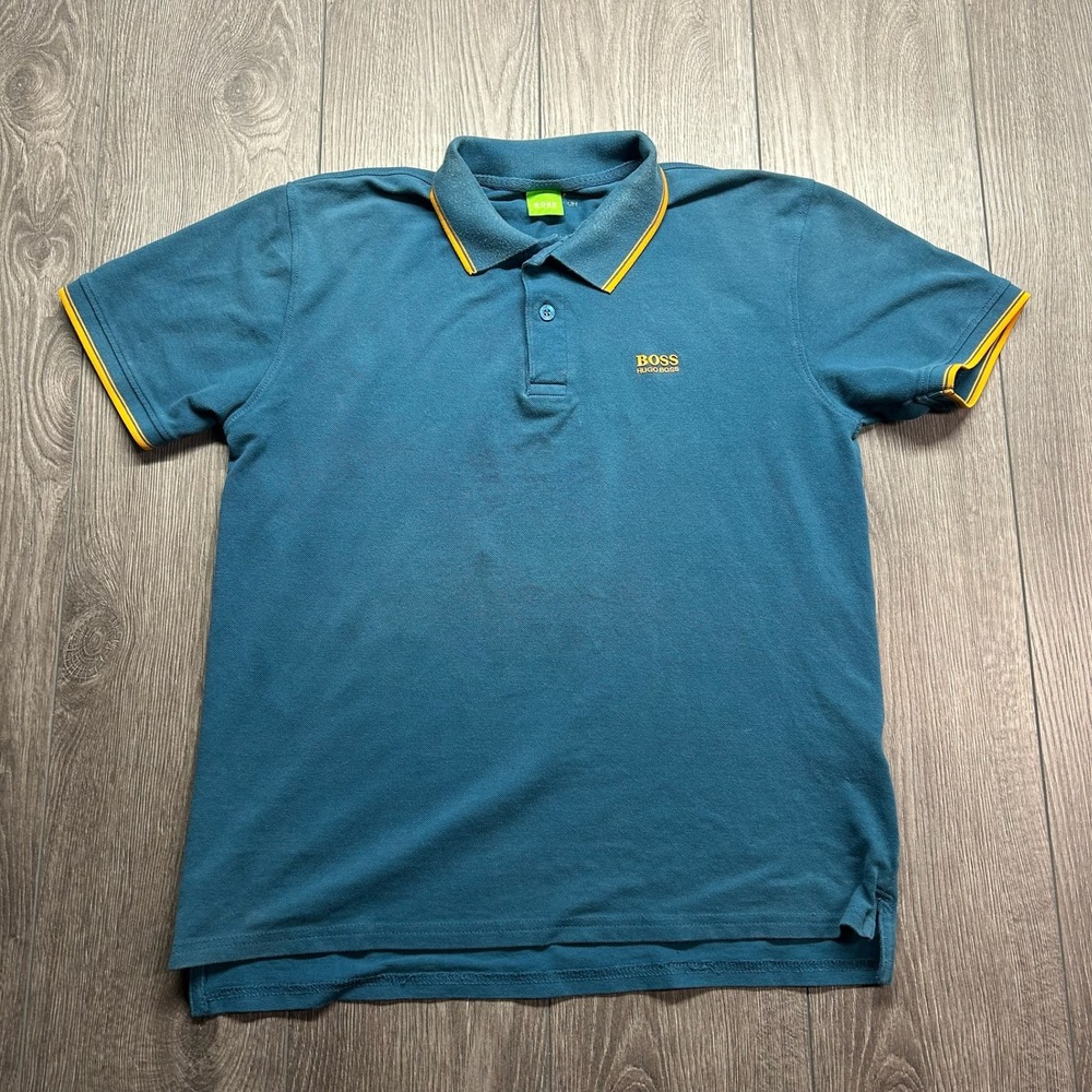 Hugo Boss Green Label Mens XL Polo Shirt Teal Blue Pique Yellow Tipped Trim